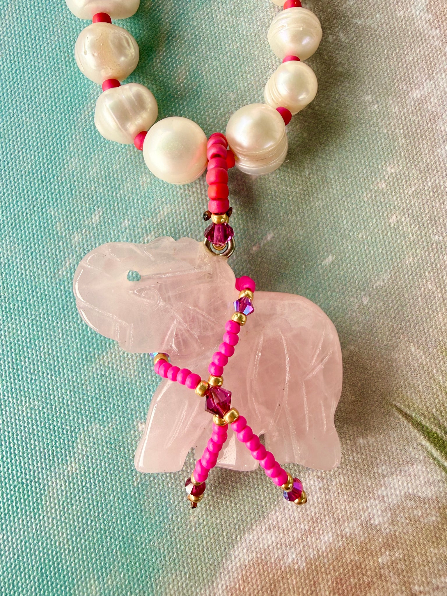 Bohemian Rose Quartz Elephant Necklace - Freshwater Pearls
