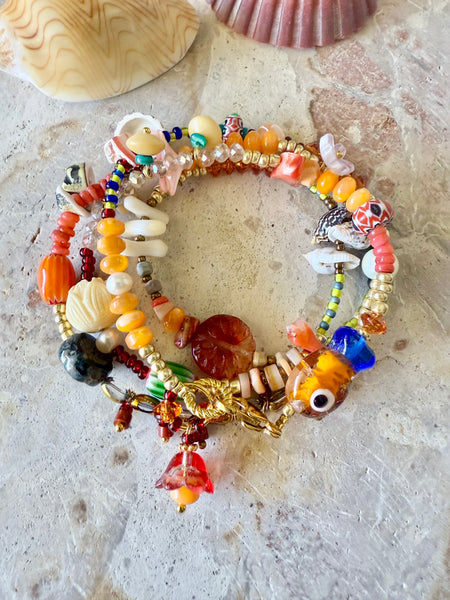 Boho Orange Coloured Beaded Charm Bracelet