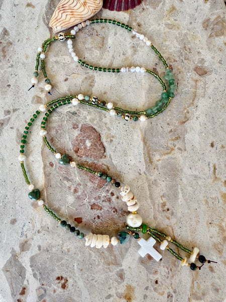 Green Seed Bead Pukka Shell White Cross Necklace