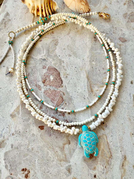 Turquoise White Shell Beaded Charm Necklace