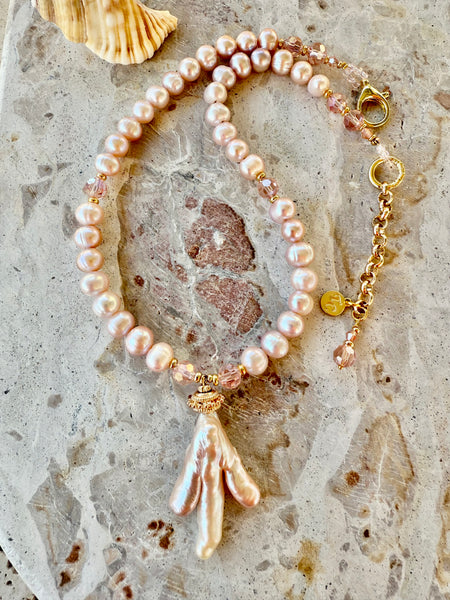 Blush Pink Baroque Pearl Crystal Necklace.