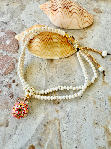 Pearl Evil Eye Charm Beach Bracelet