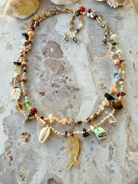 Shell Beaded Knotted Stone Necklace