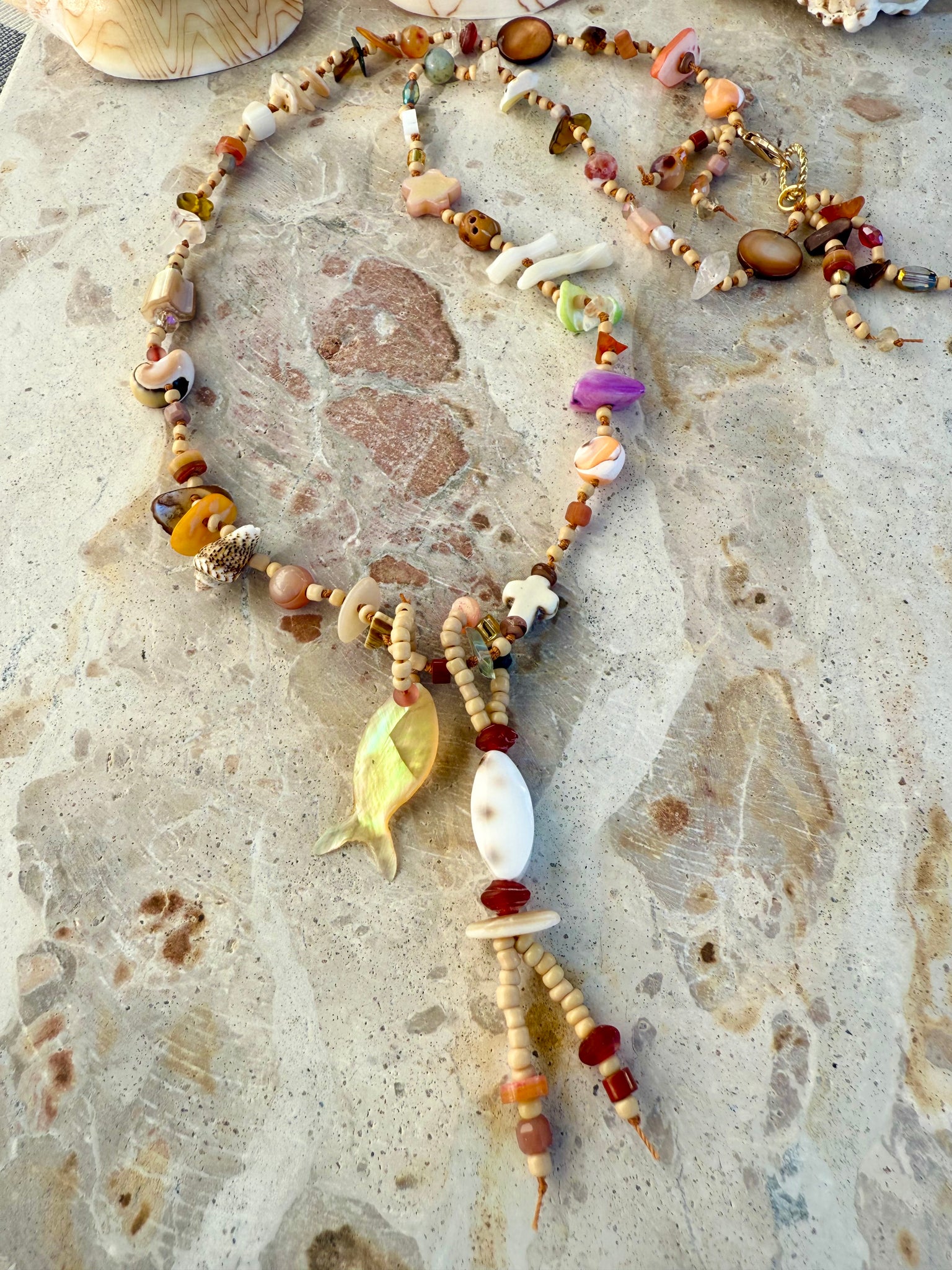 Shell Beaded Knotted Stone Necklace