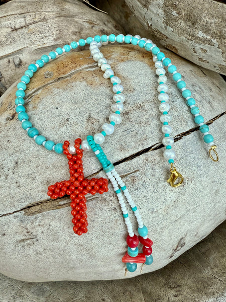 Greek Turquoise Stone Pearl Necklace