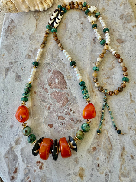 Beach Island Turquoise Red Shell Beaded Necklace