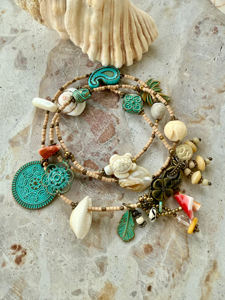 Shell Charm Boho Seed Bead Wrap Bracelet