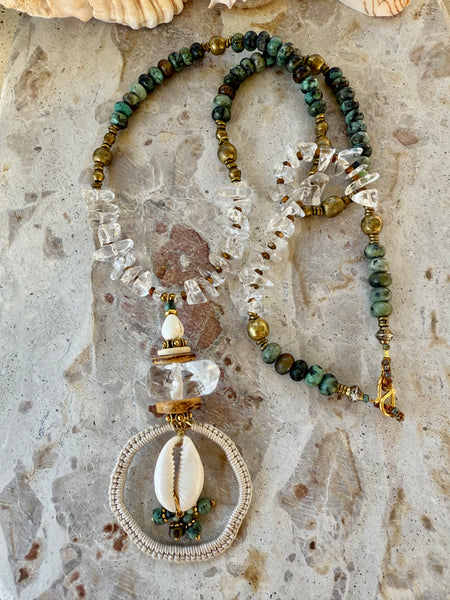 Turquoise Stone Quartz Crystal Shell Necklace
