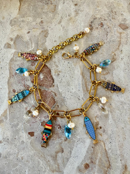 Gold Fish Charm Crystal Bracelet