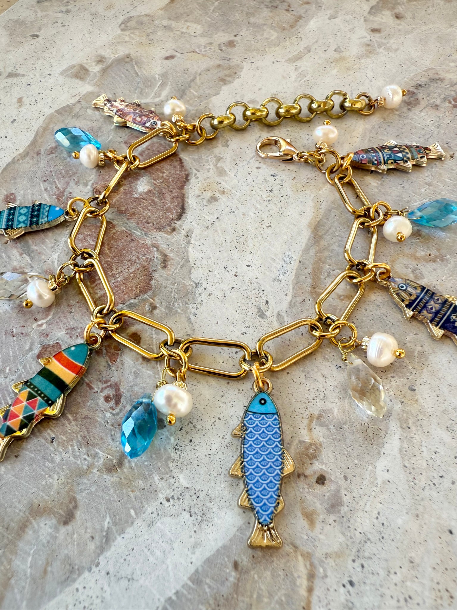 Gold Fish Charm Crystal Bracelet