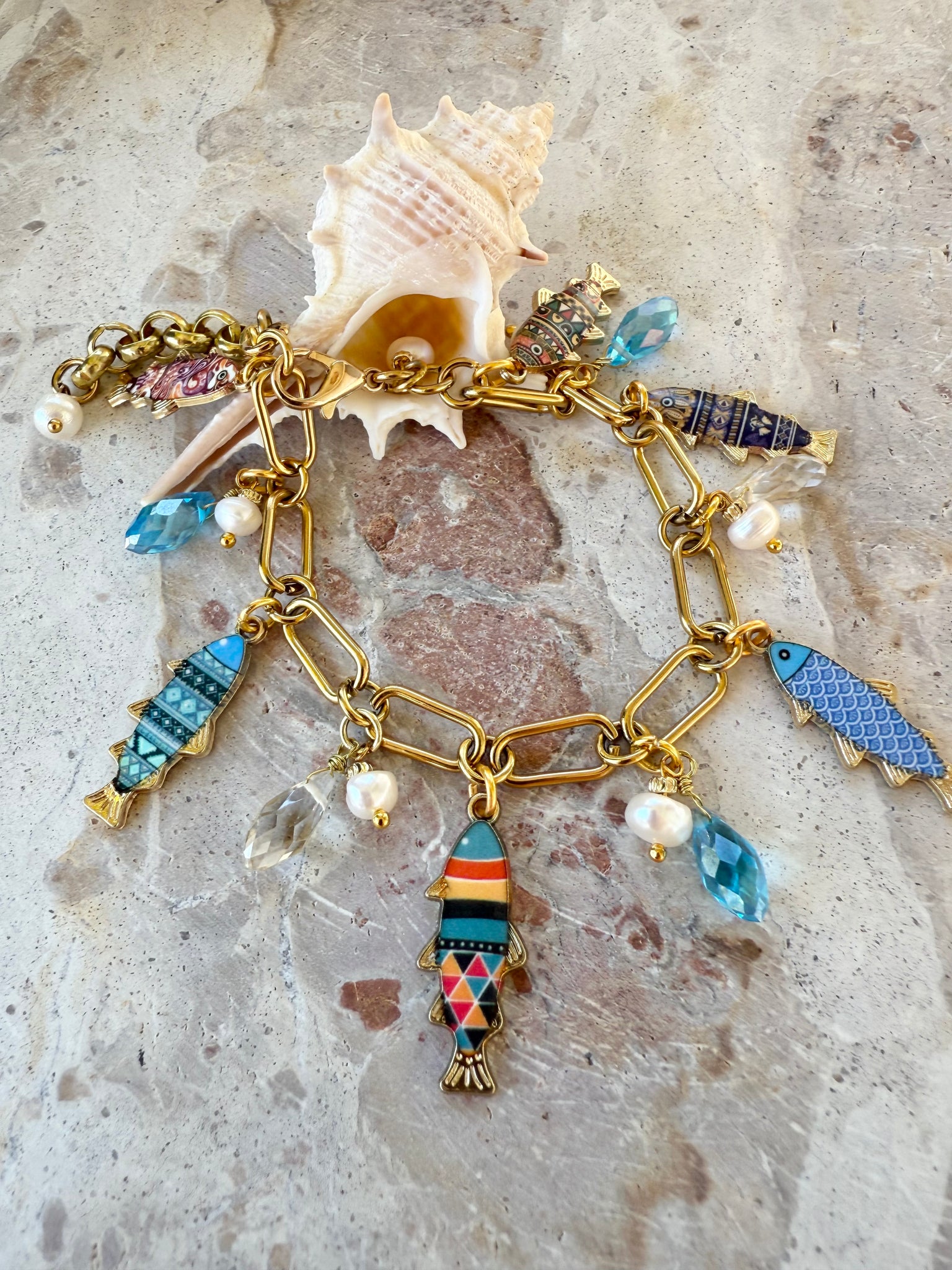 Gold Fish Charm Crystal Bracelet