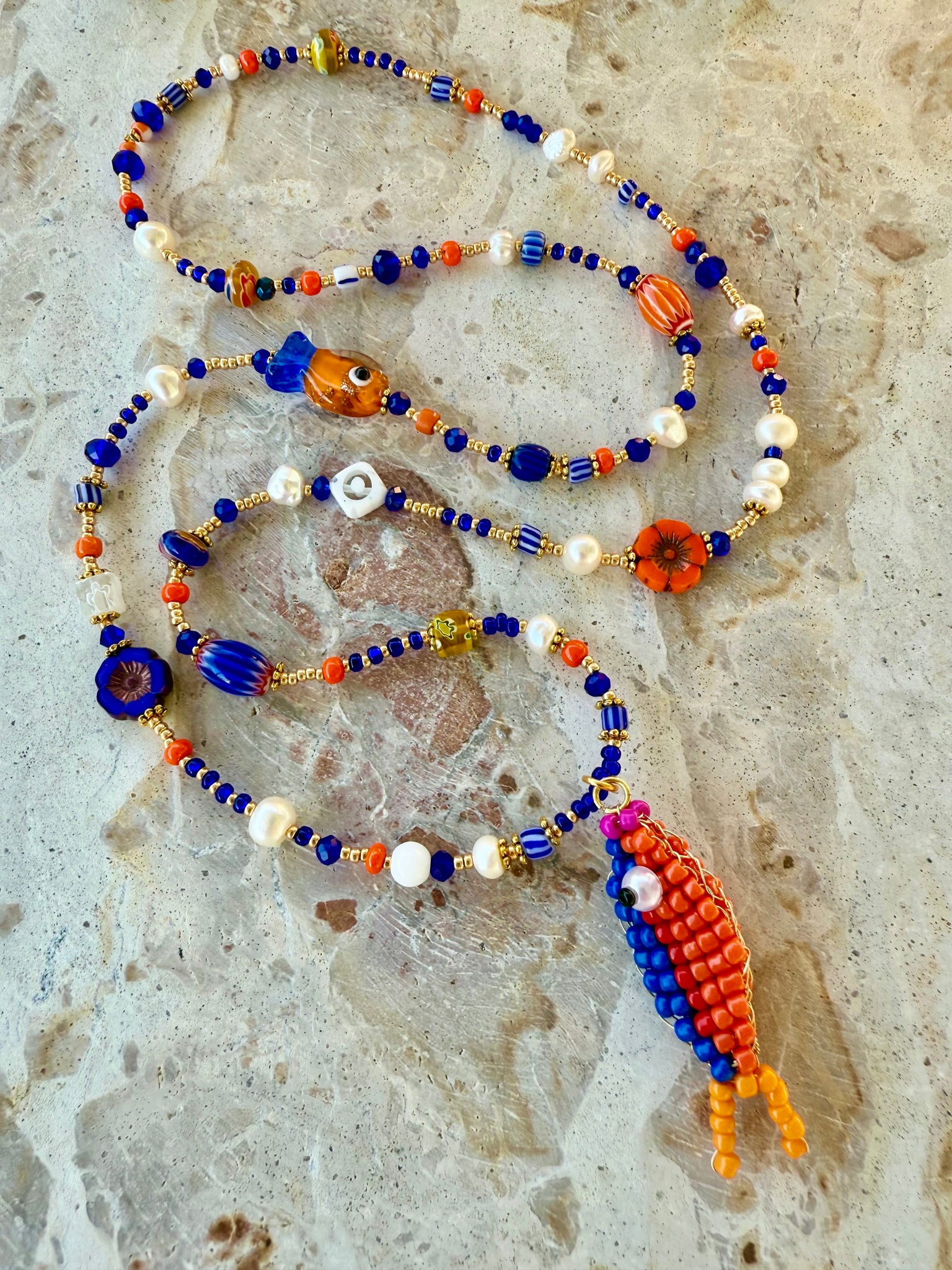 Boho Orange -  Blue Fish Charm Necklace