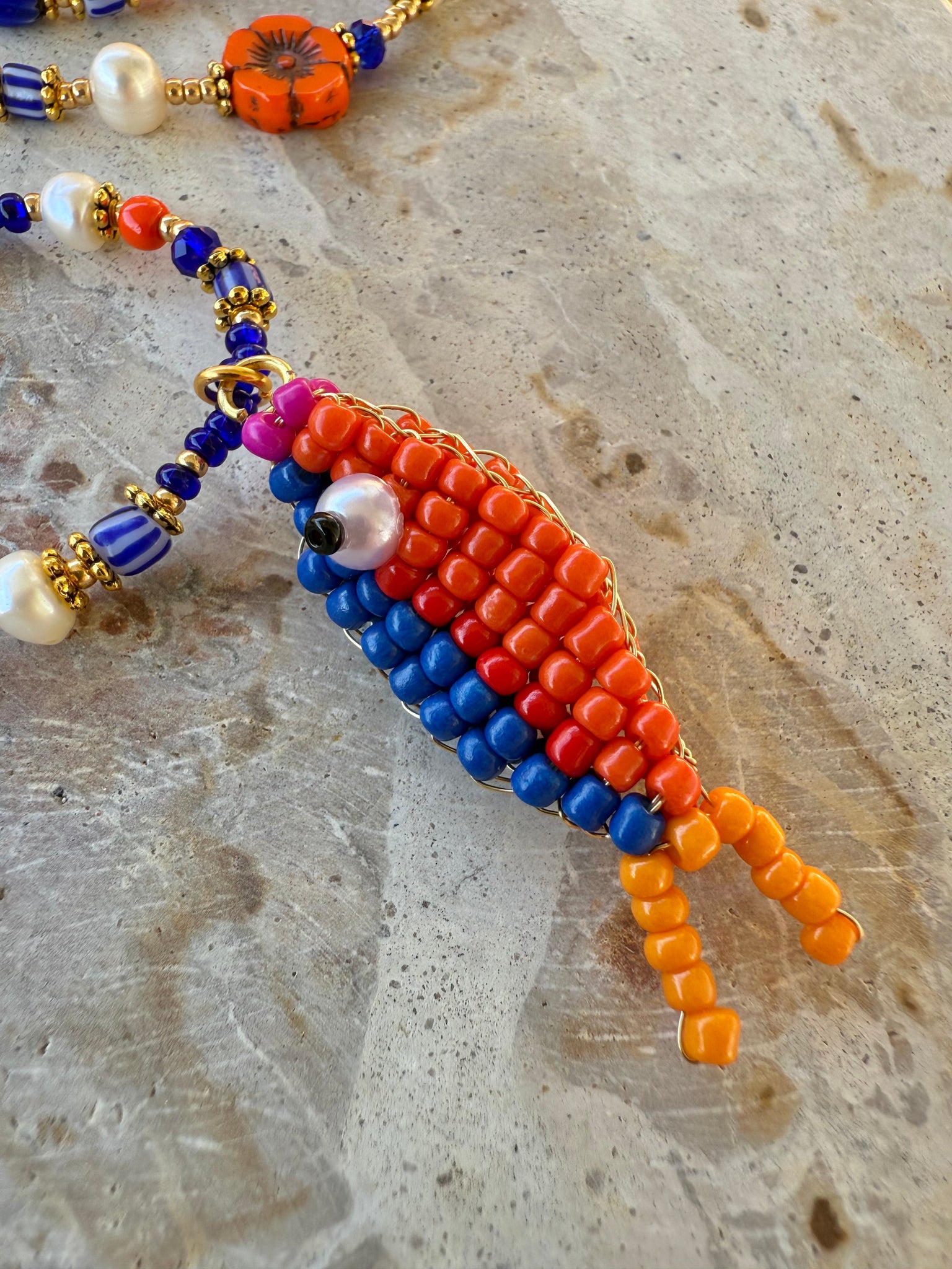 Boho Orange -  Blue Fish Charm Necklace