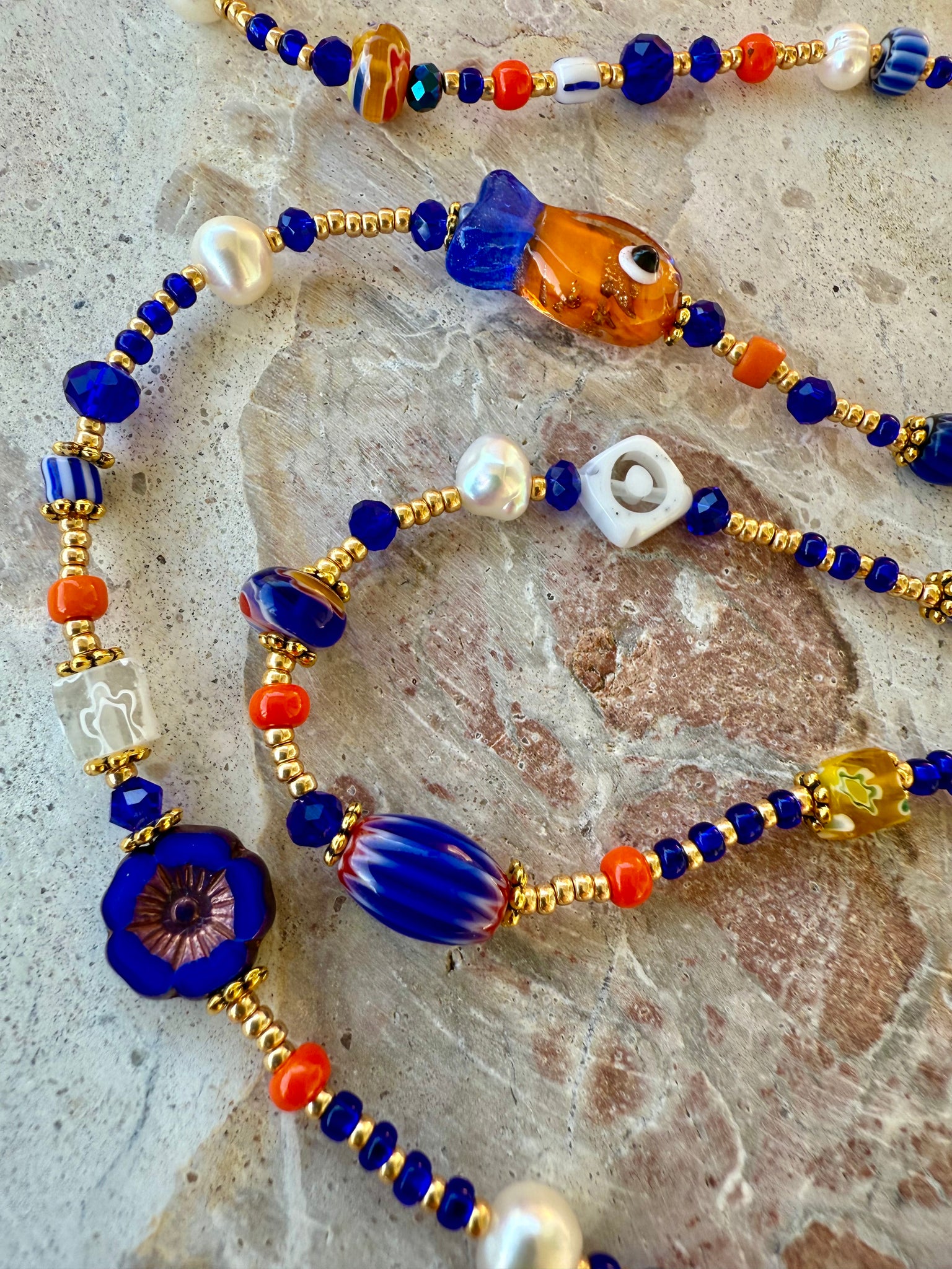 Boho Orange -  Blue Fish Charm Necklace