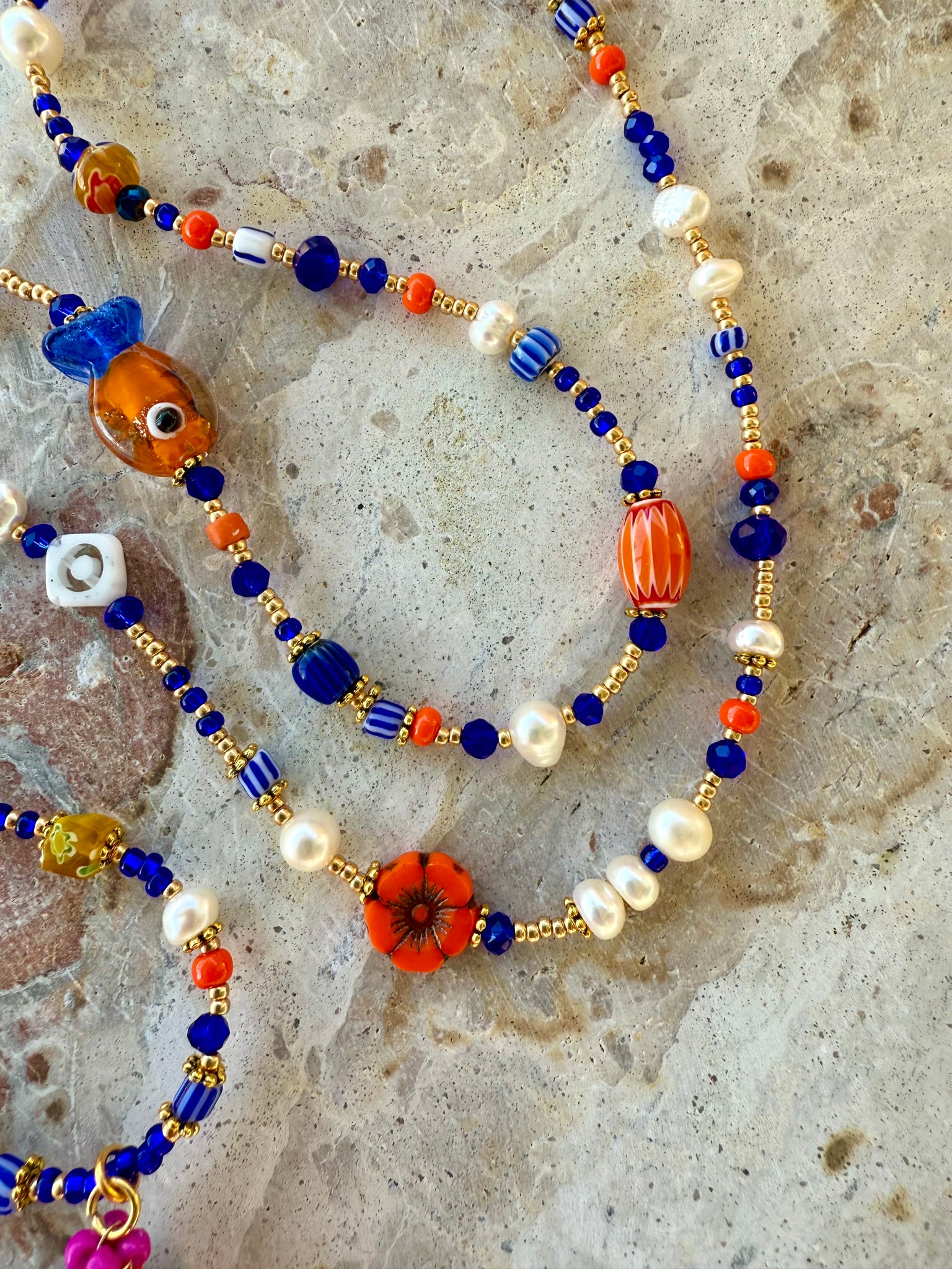 Boho Orange -  Blue Fish Charm Necklace