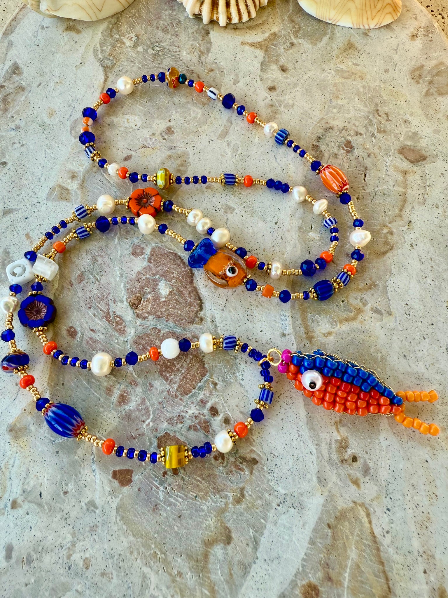 Boho Orange -  Blue Fish Charm Necklace