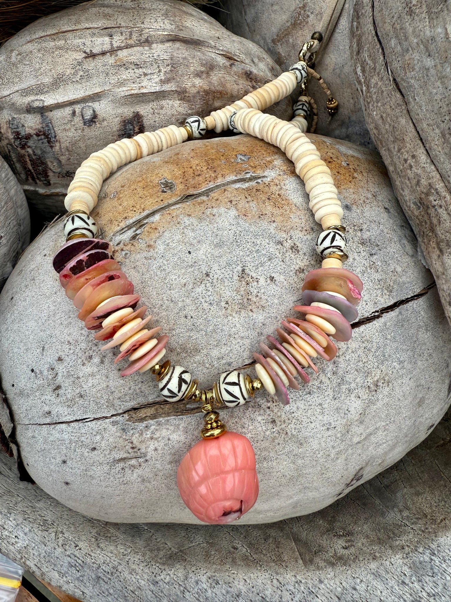 Pink Coral Shell Beaded Necklace