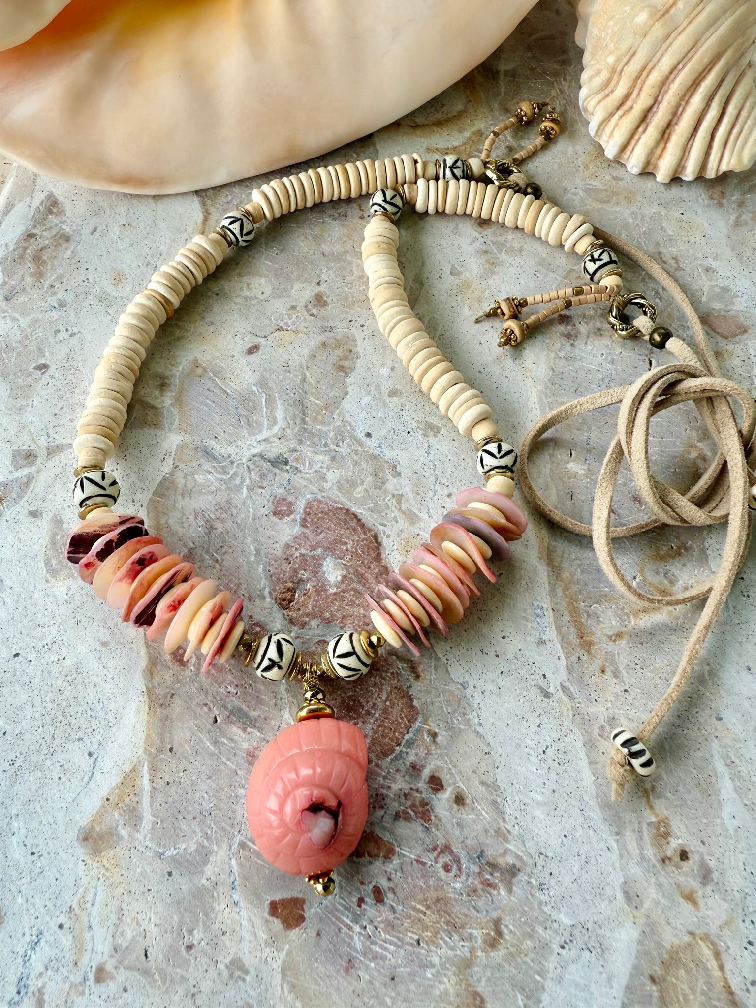 Pink Coral Shell Beaded Necklace