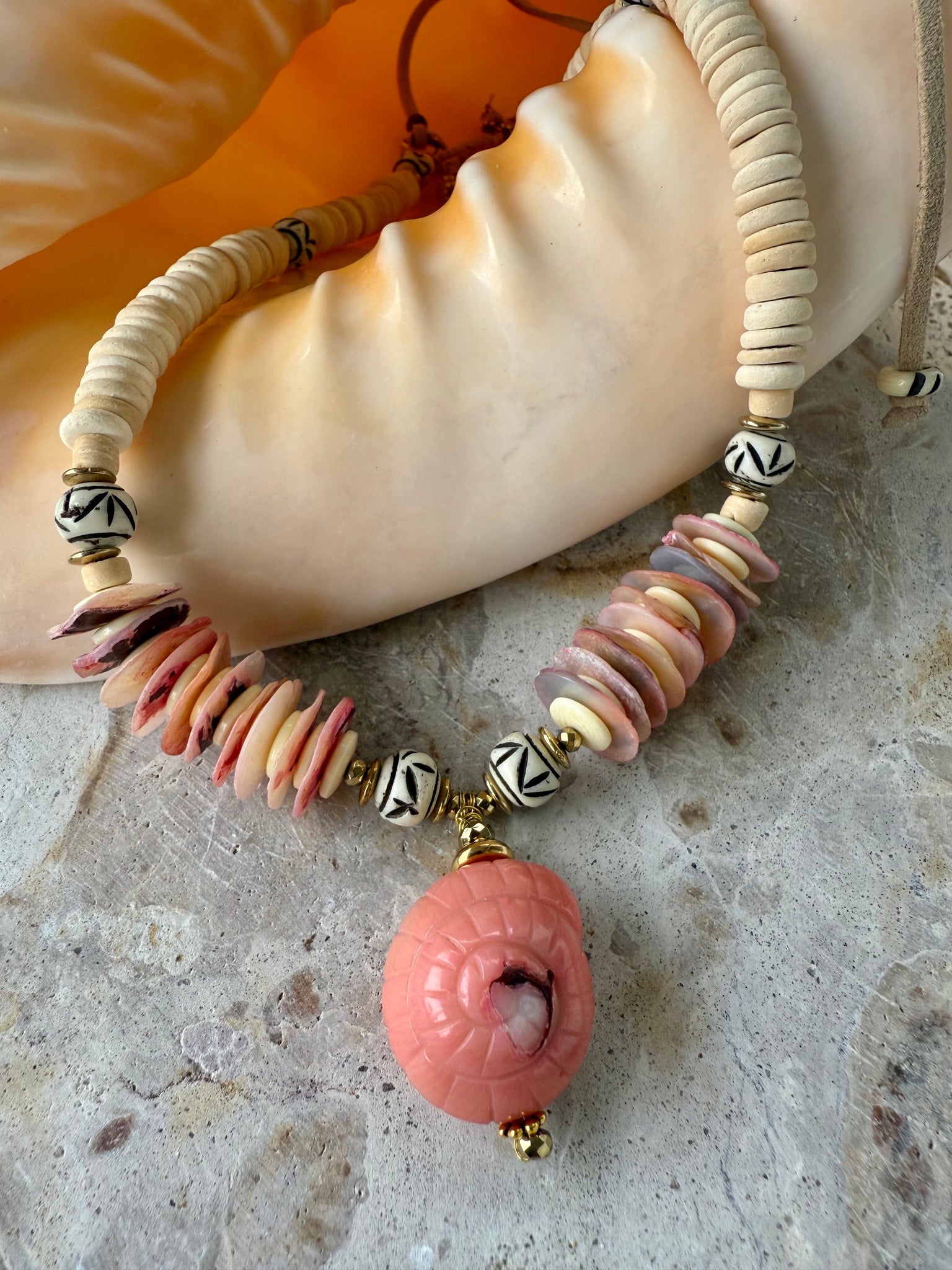 Pink Coral Shell Beaded Necklace