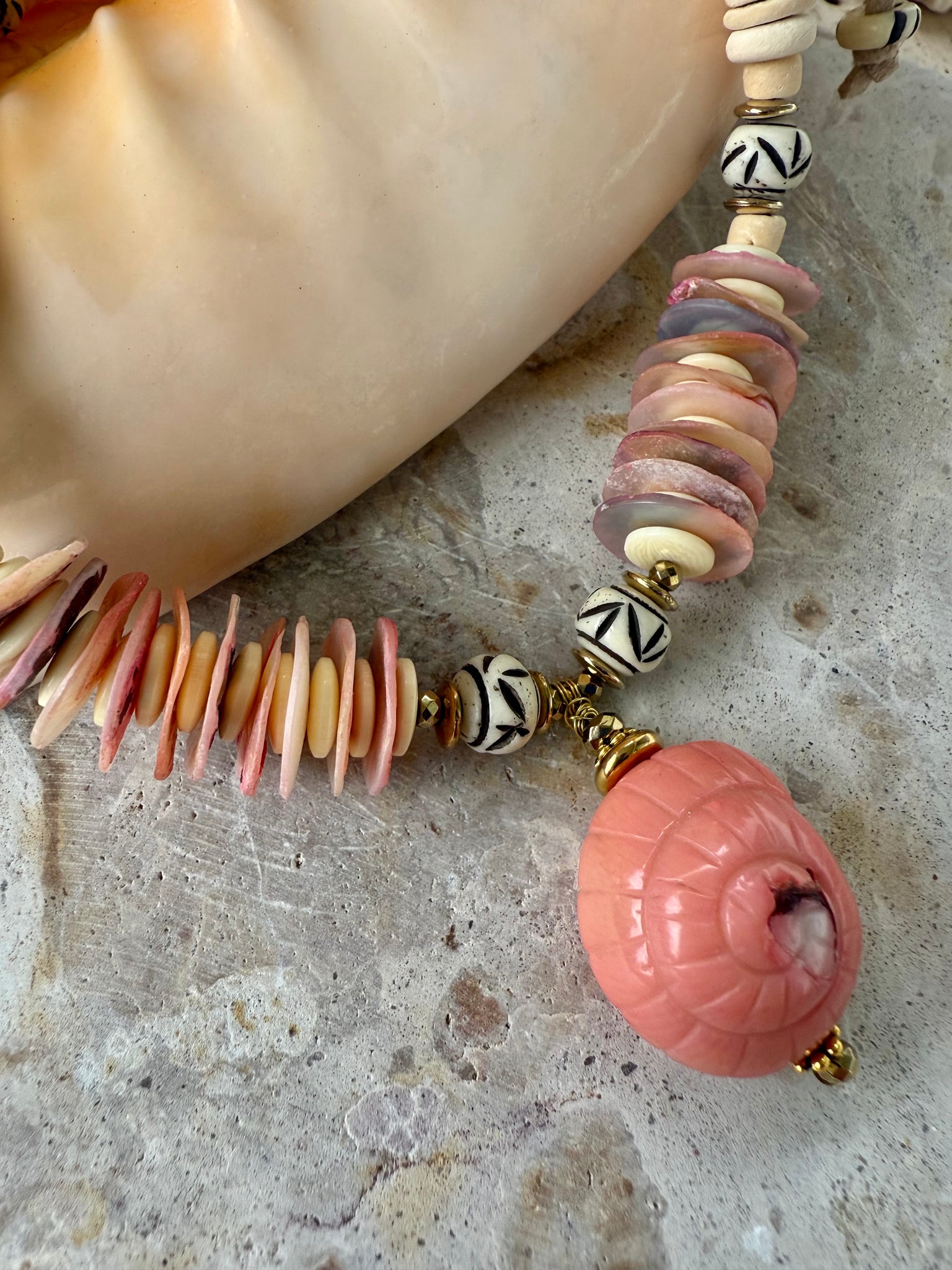 Pink Coral Shell Beaded Necklace