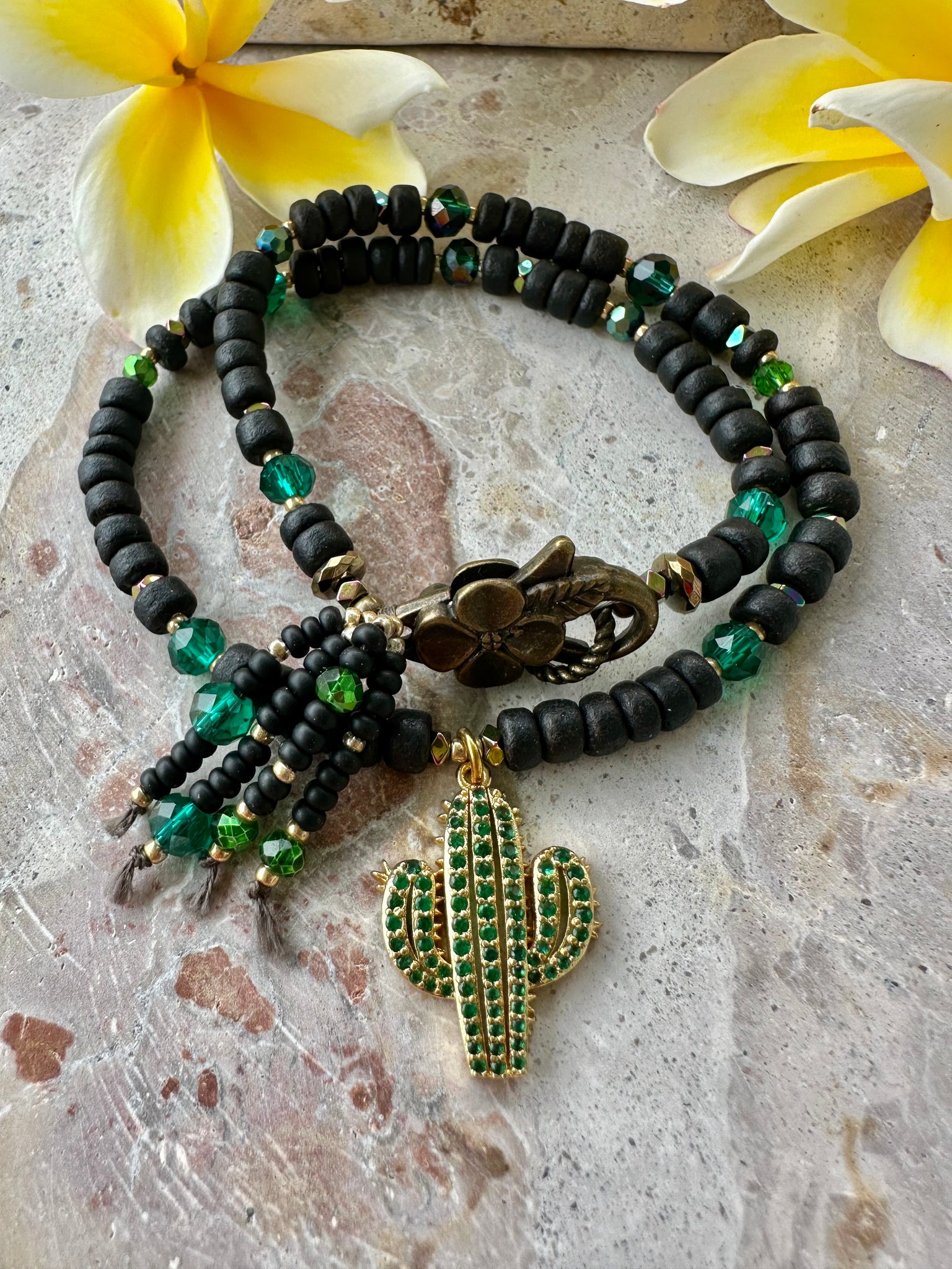 Black Beaded Bracelet Cactus