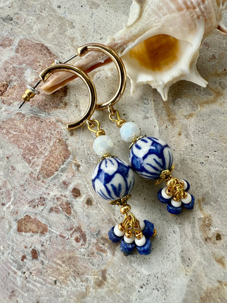 Coastal Blue & White Beaded Earrings