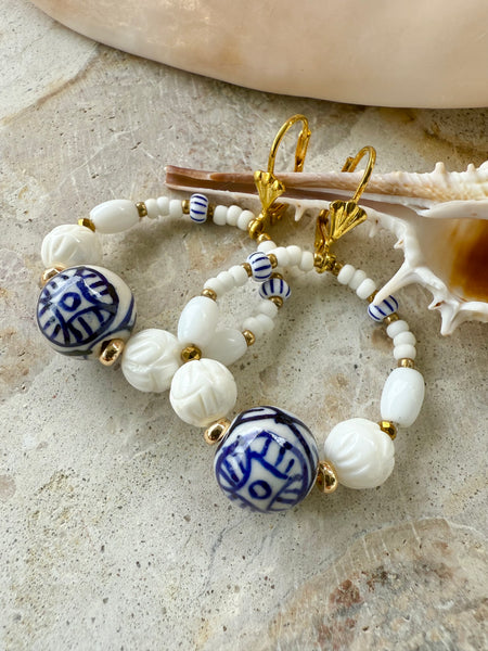 Palm Coastal Island Blue & White Earrings