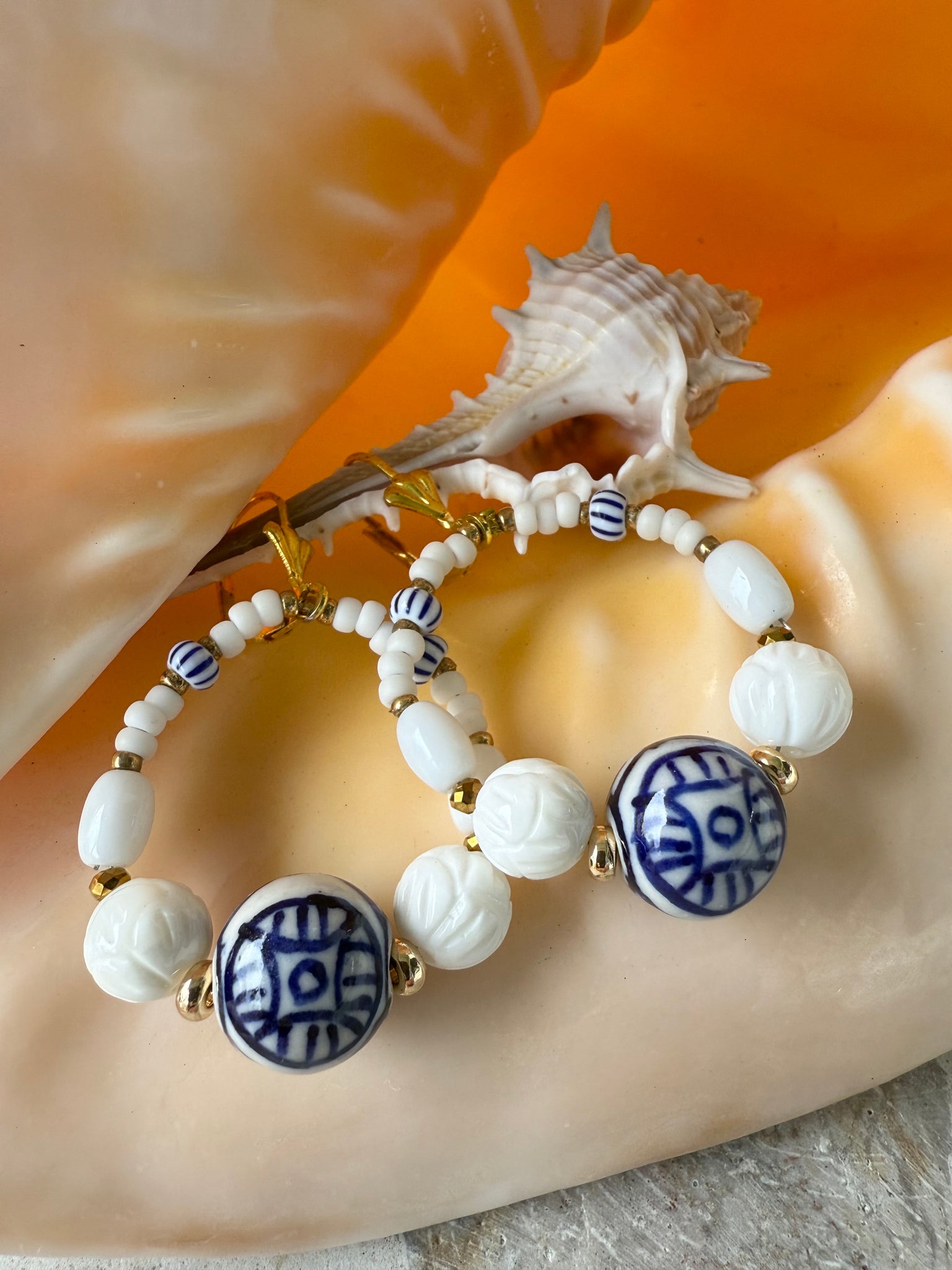 Palm Coastal Island Blue & White Earrings