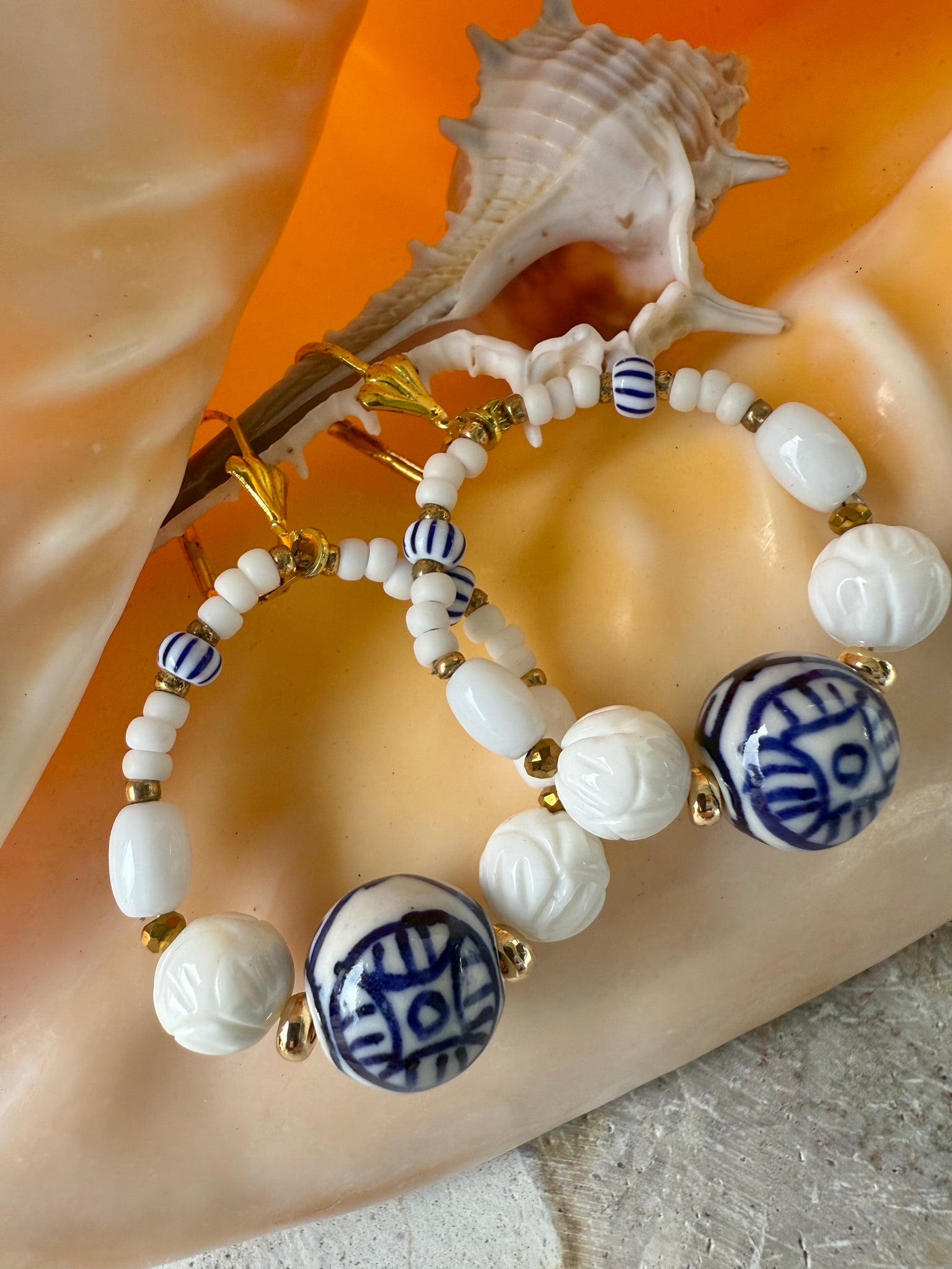 Palm Coastal Island Blue & White Earrings