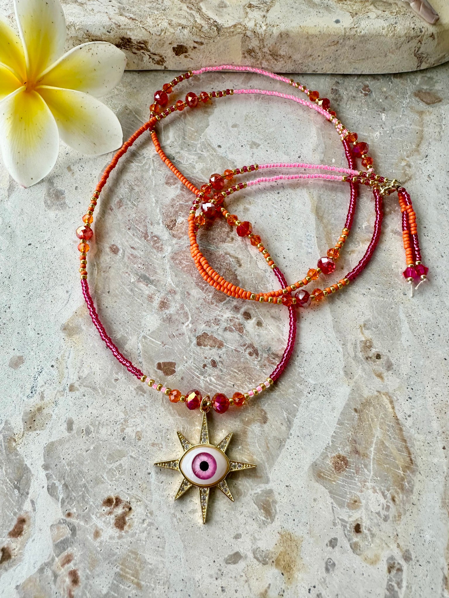 Pink Evil Eye Seed Bead Necklace