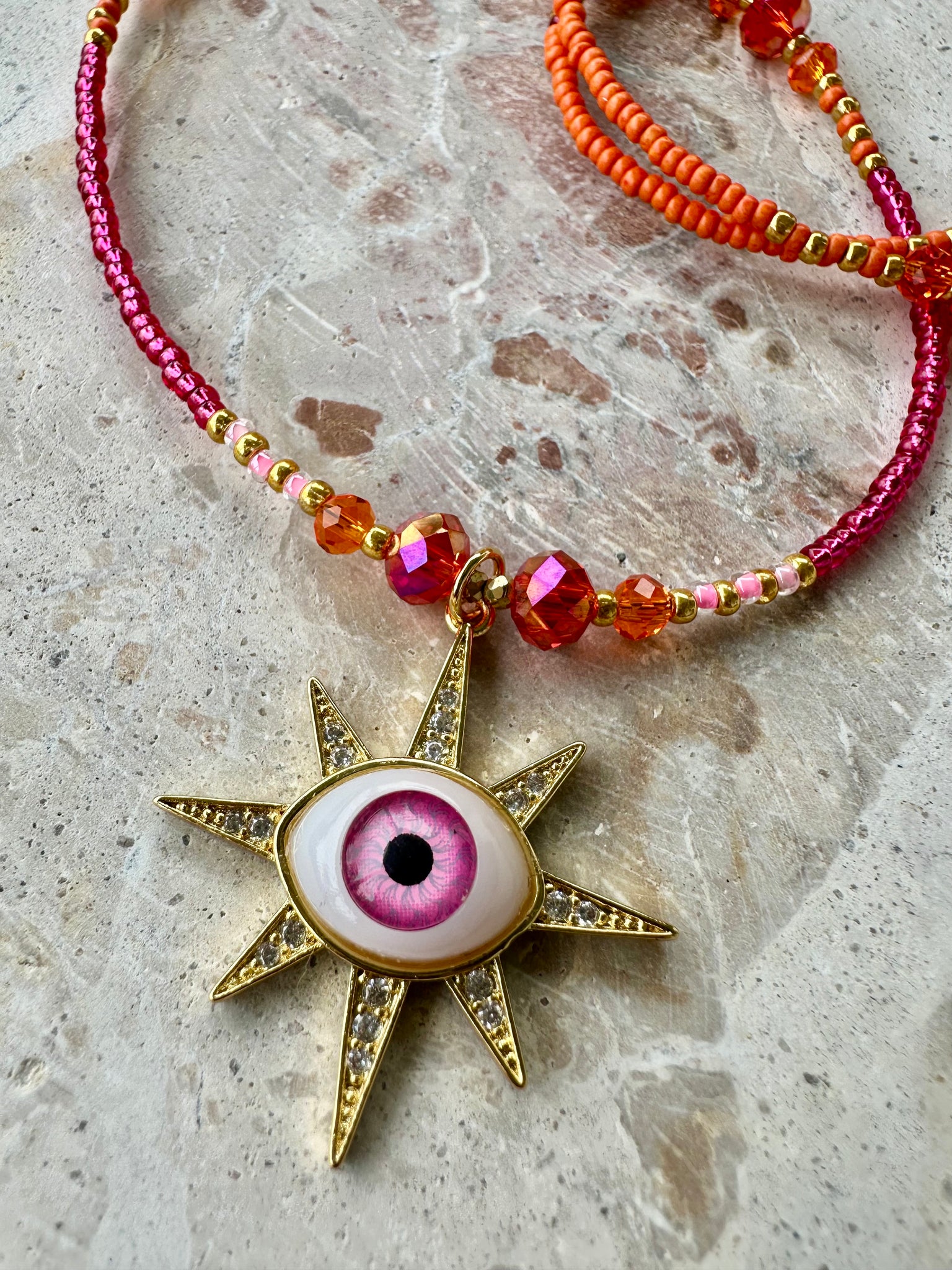 Pink Evil Eye Seed Bead Necklace