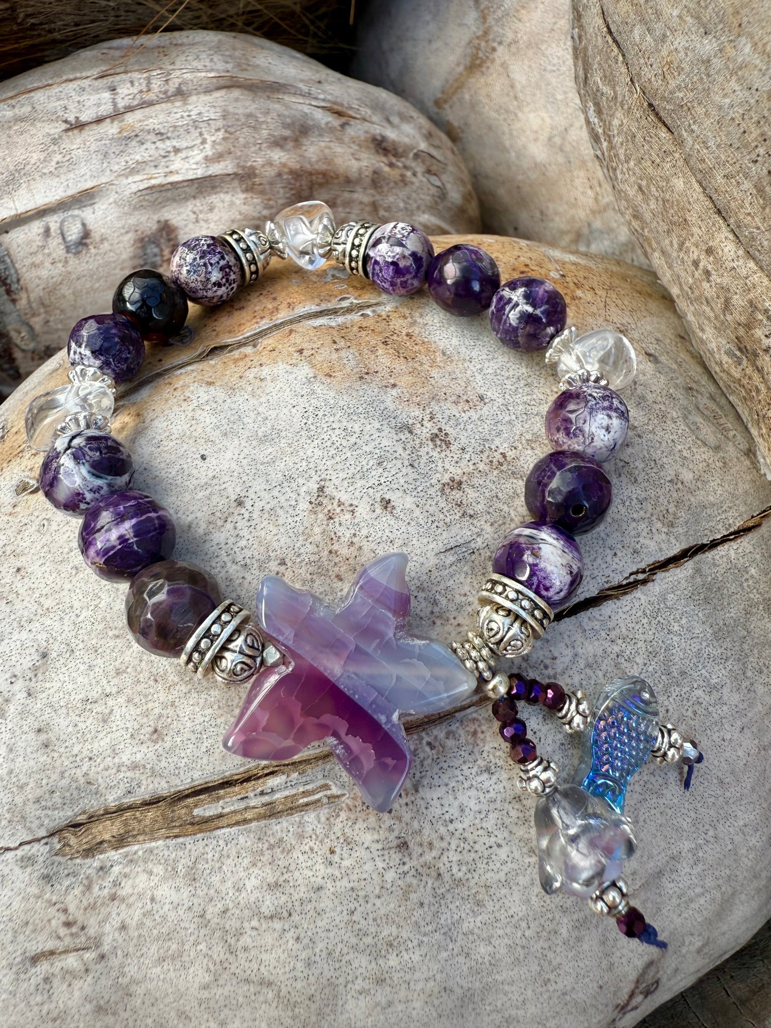 Amethyst Starfish Beaded Stone Silver Bracelet