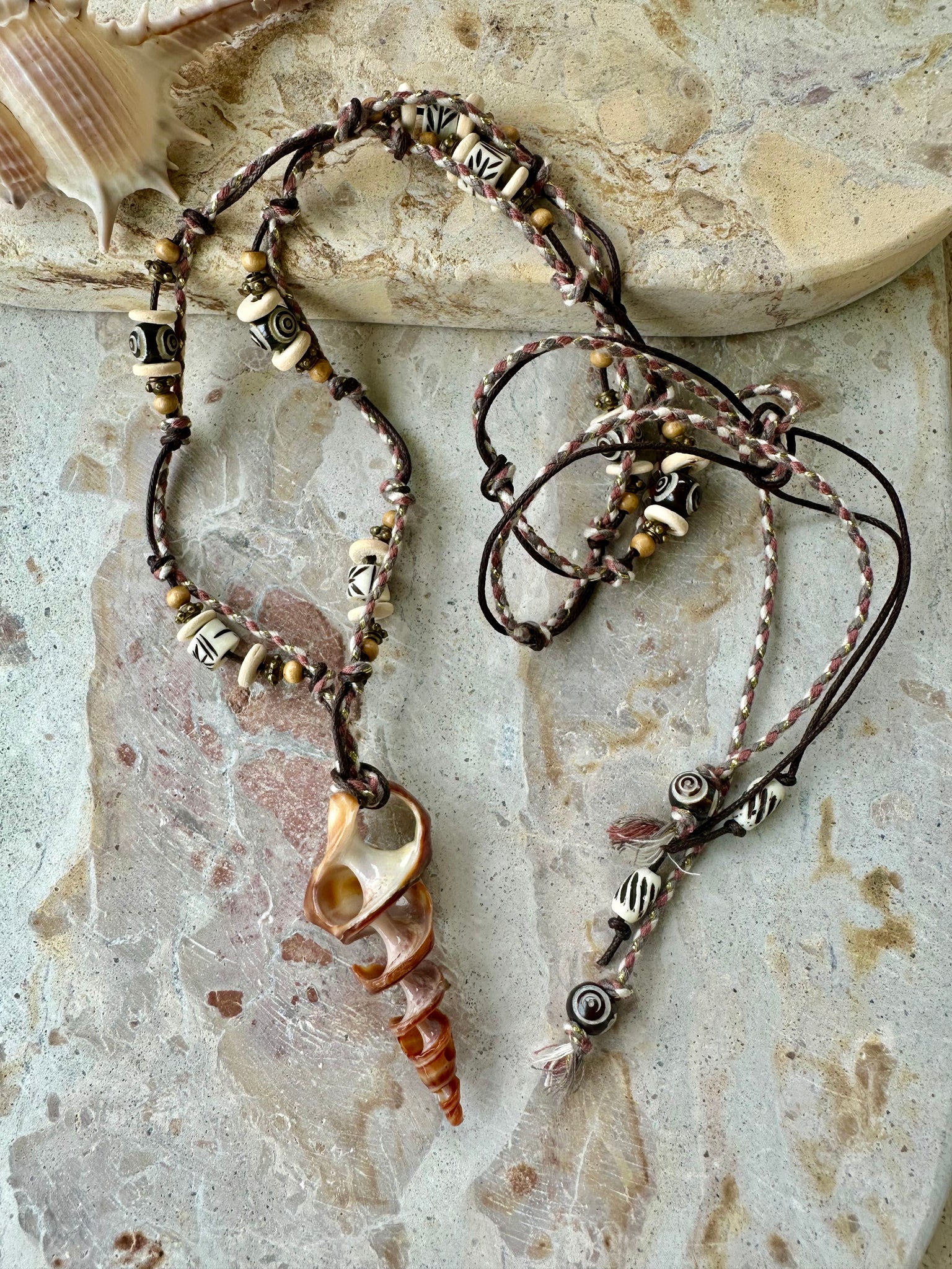 Knotted Beaded Stone Shell Necklace