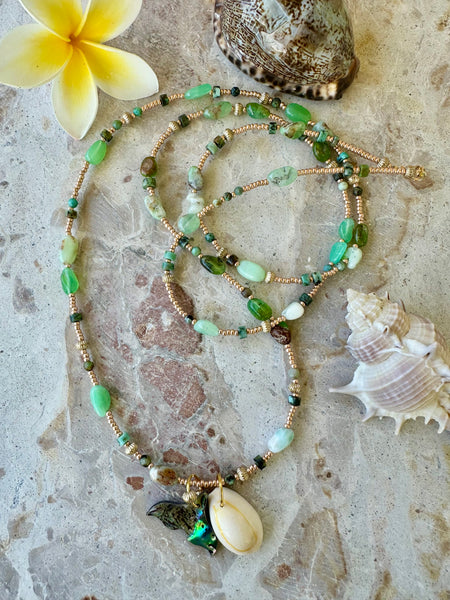 Turquoise Stone Beaded Shell Charm Necklace