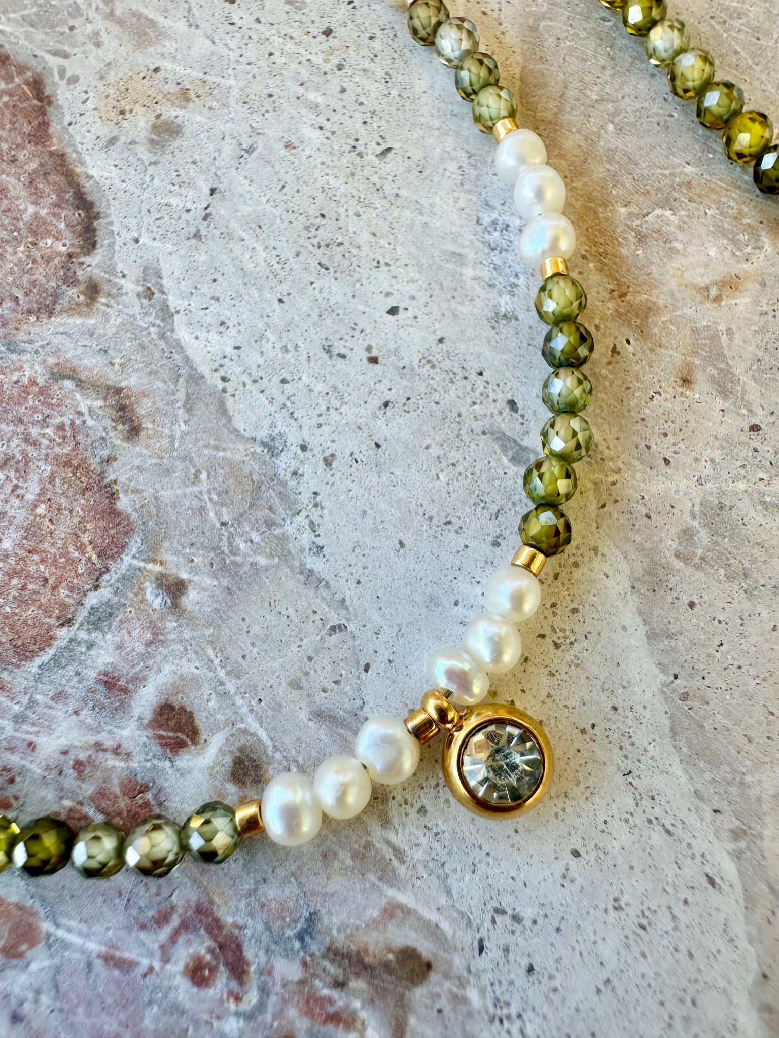 Boho Green Stone Pearl Beaded Necklace