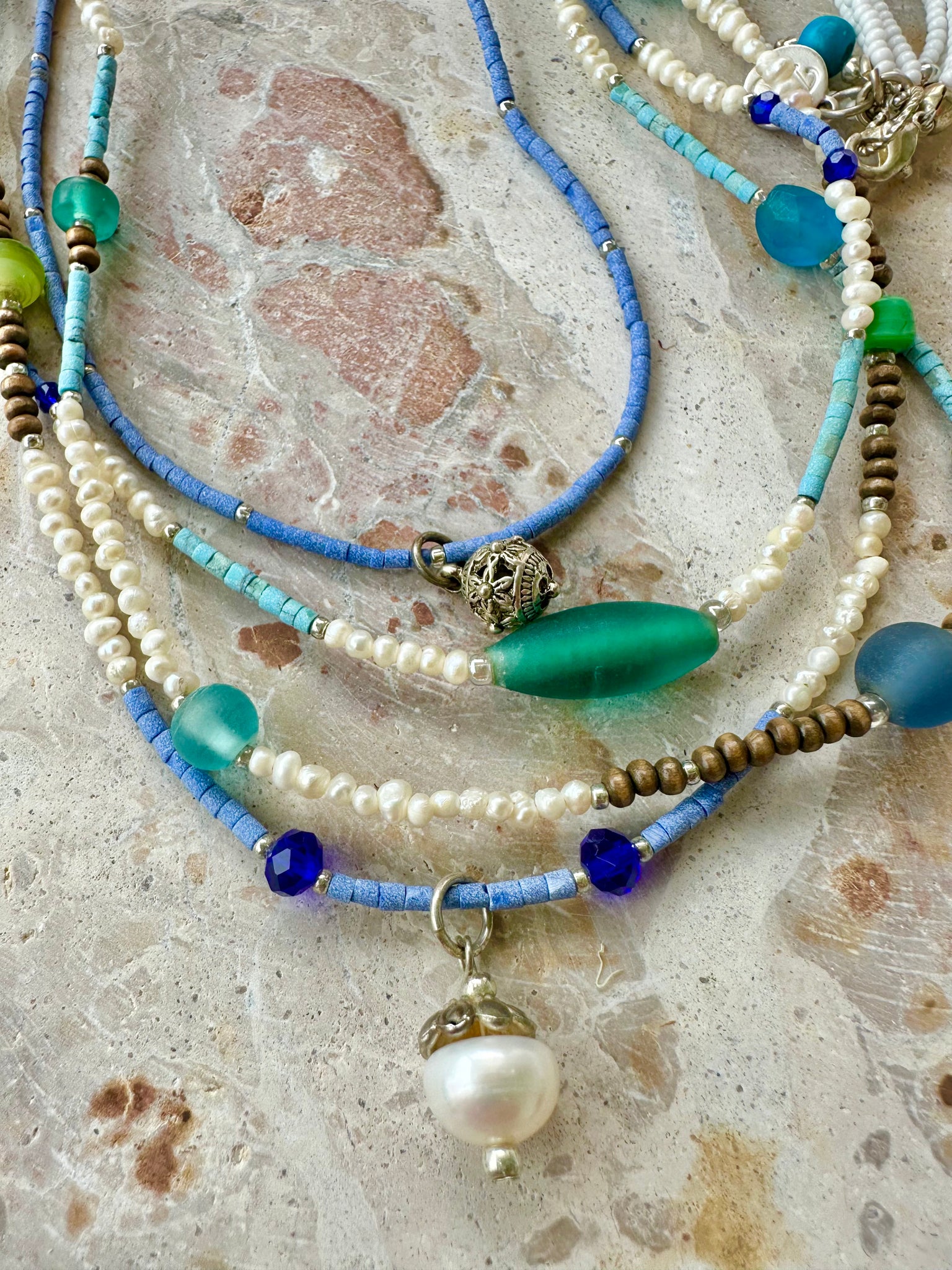 Blue White Pearl Seed Bead  Necklace