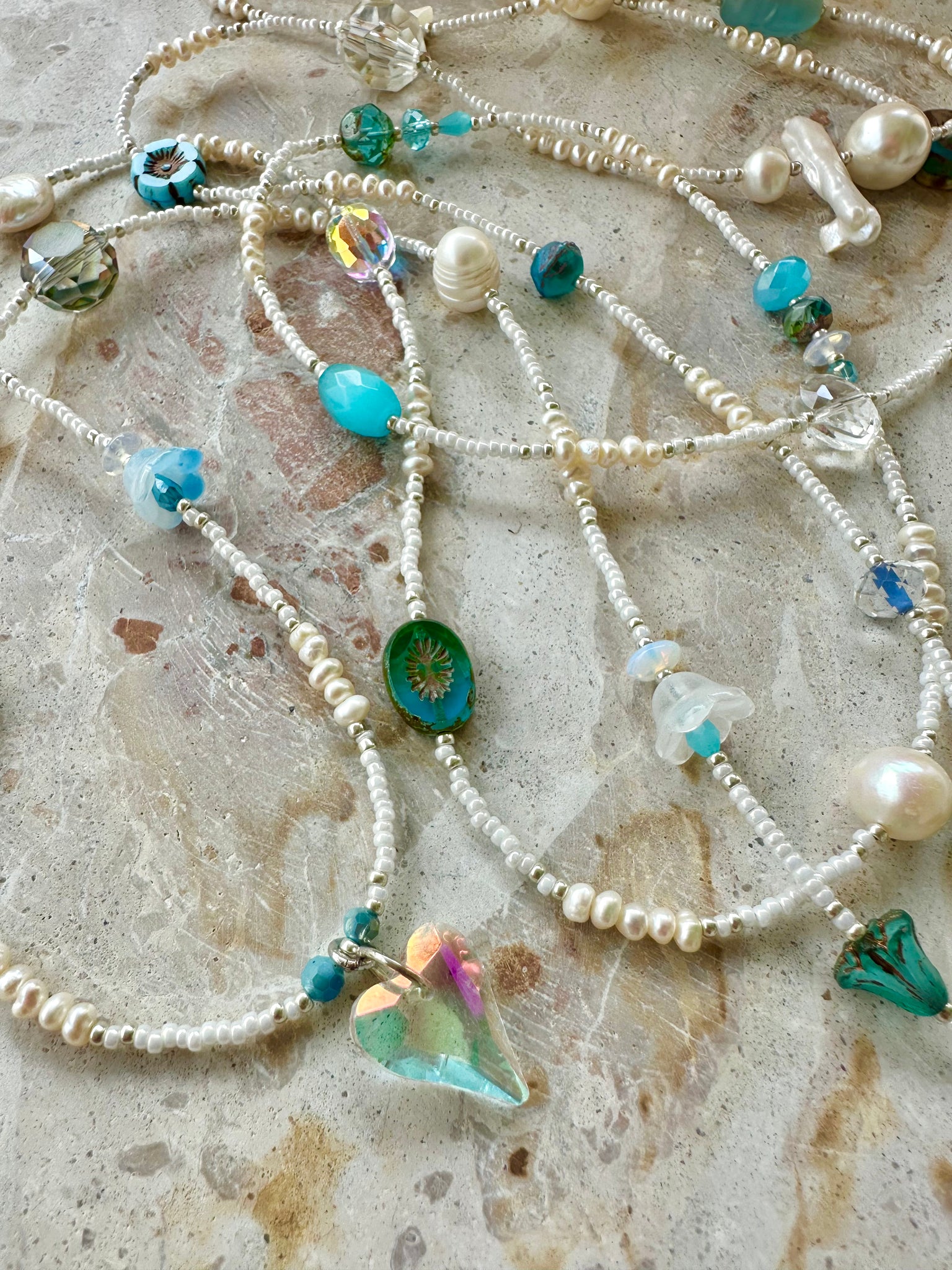 Blue Crystal Pearl Beaded  Necklace