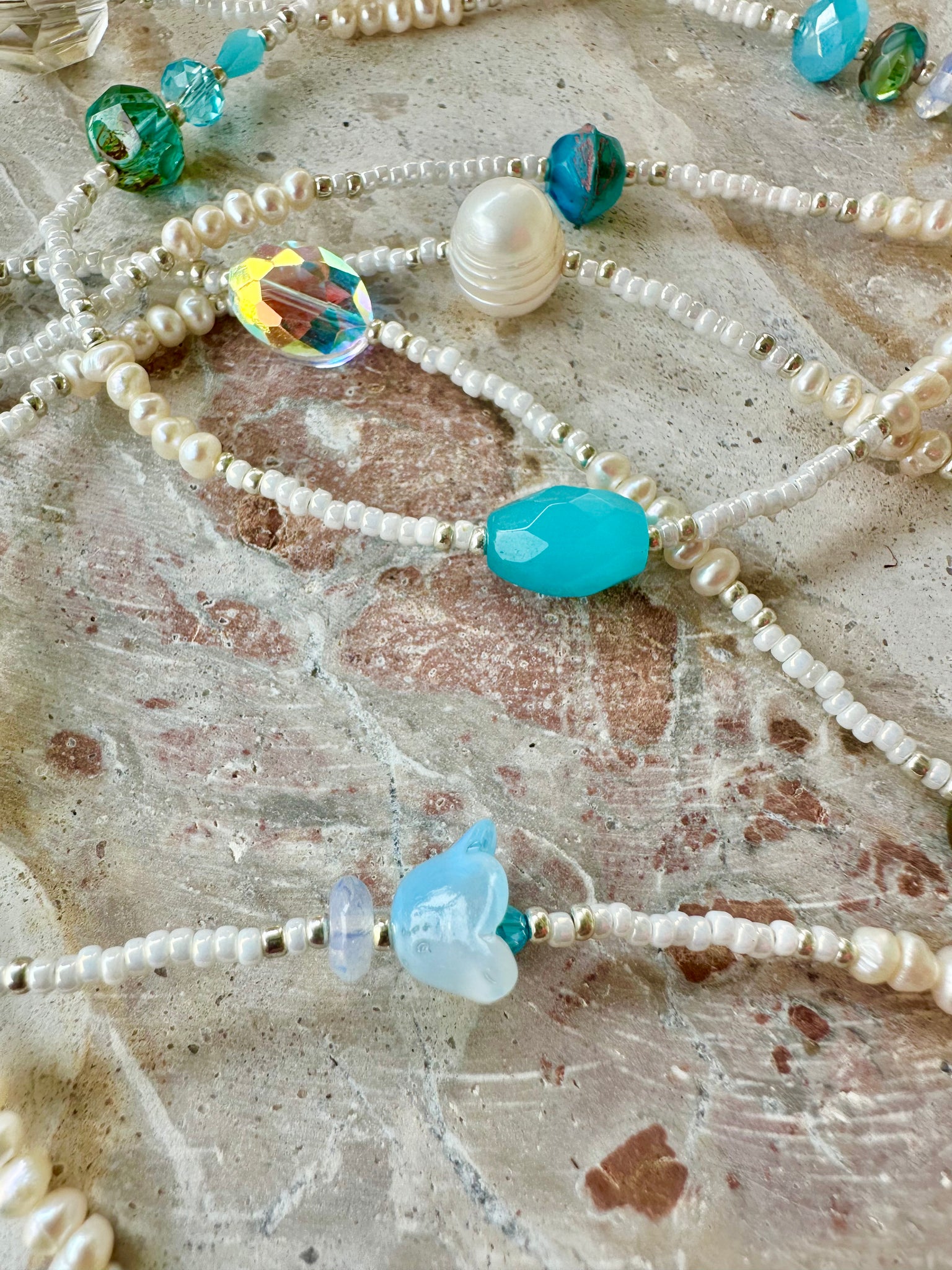 Blue Crystal Pearl Beaded  Necklace