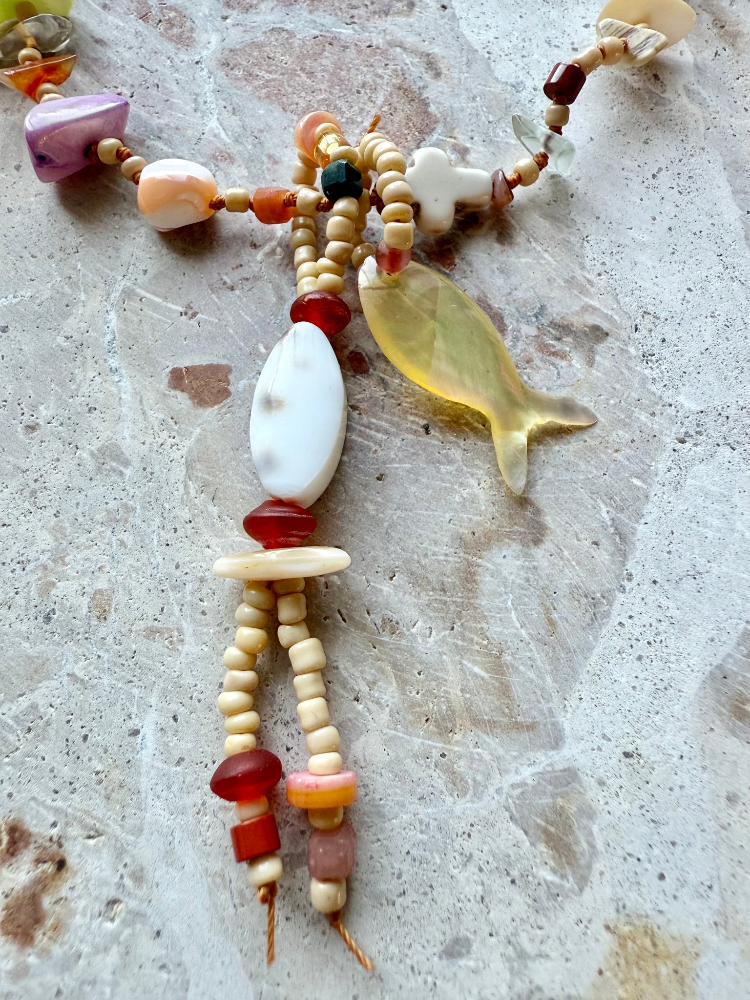 Shell Beaded Knotted Stone Necklace