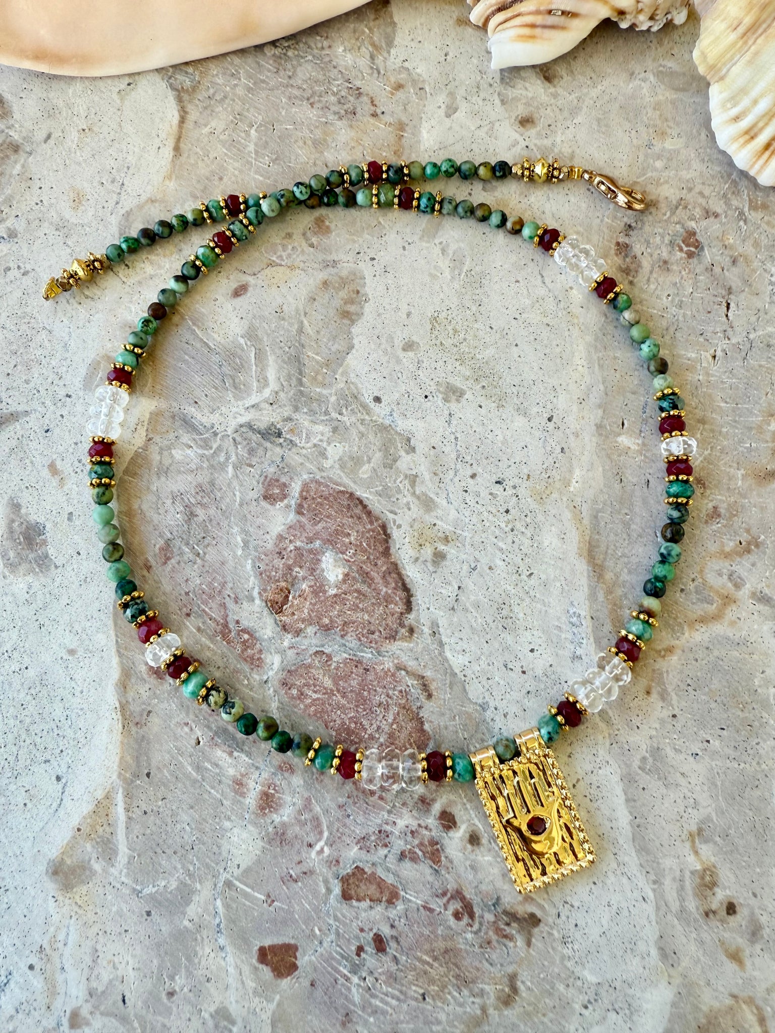 Hasma Hand Eye Ruby Turquoise Stone Necklace