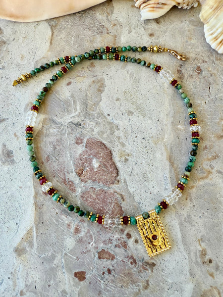 Hasma Hand Eye Ruby Turquoise Stone Necklace