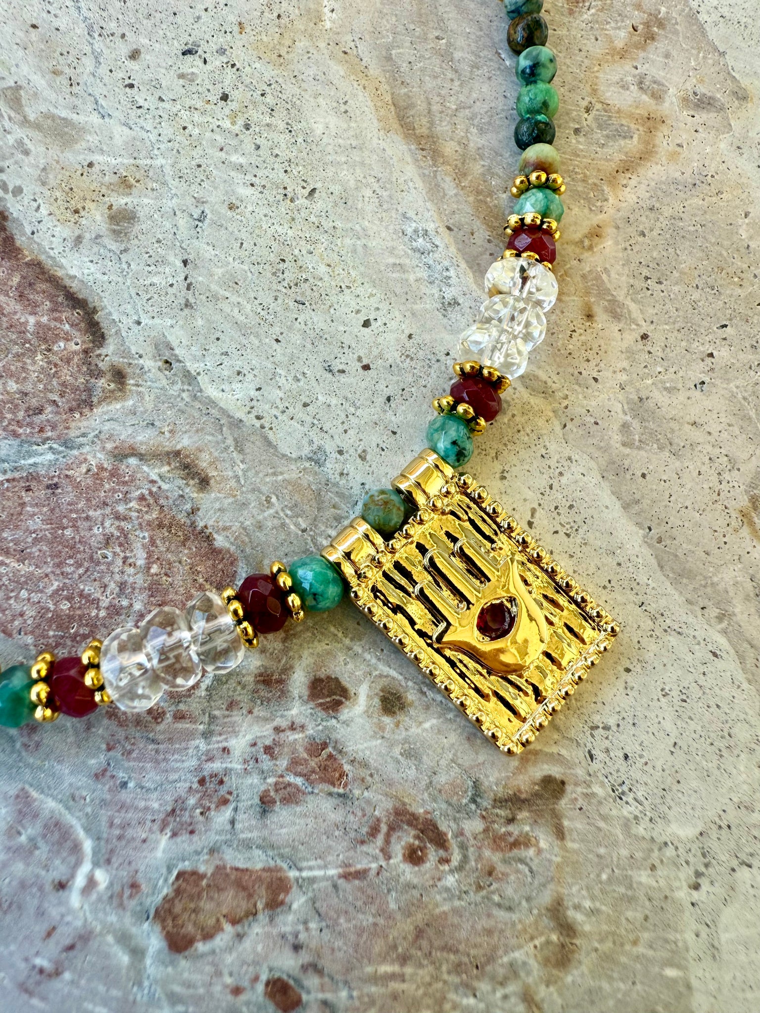 Hasma Hand Eye Ruby Turquoise Stone Necklace