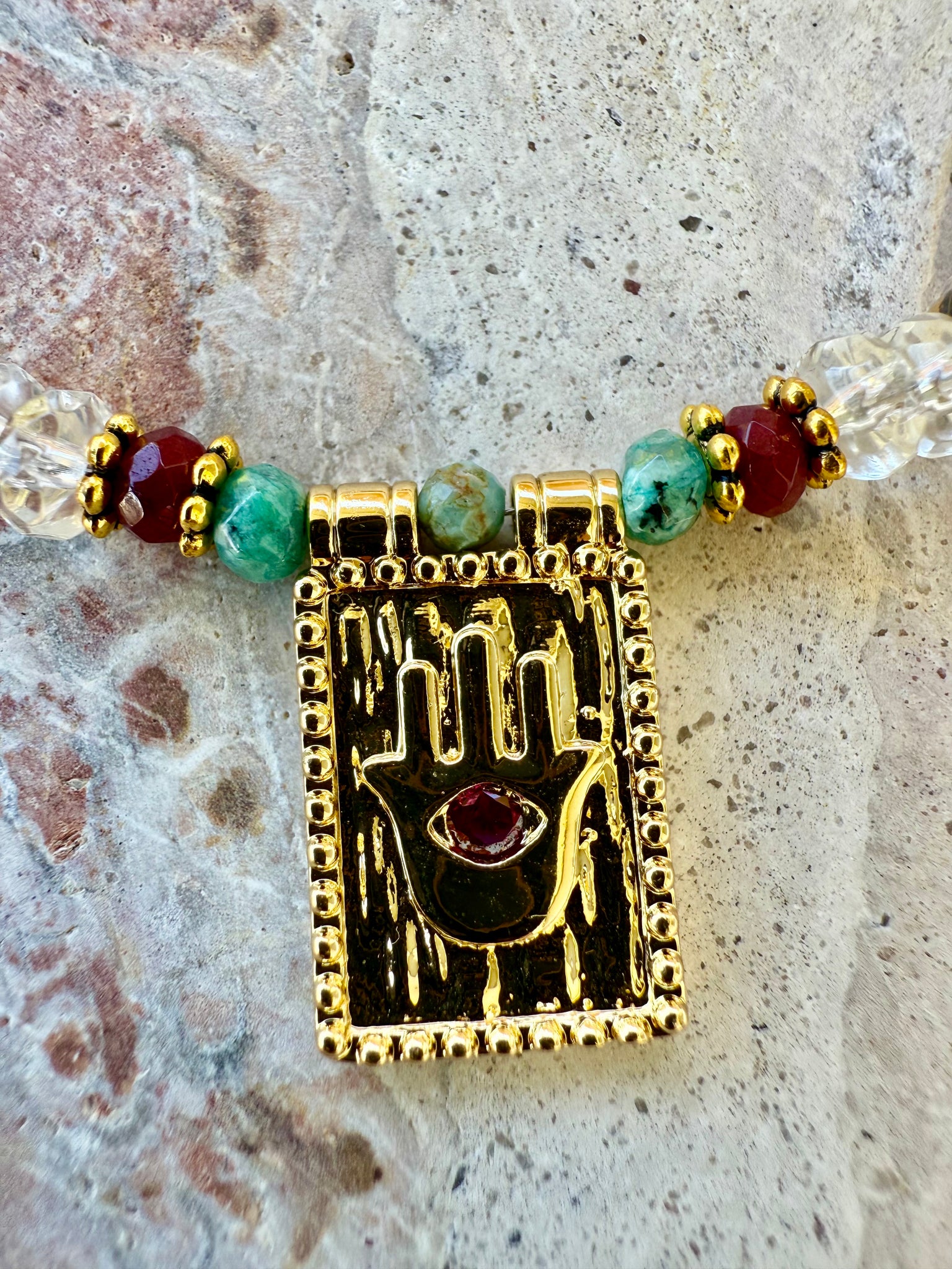 Hasma Hand Eye Ruby Turquoise Stone Necklace