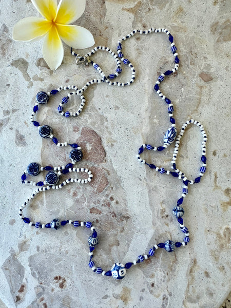 Blue White Knotted Seed Bead Necklace