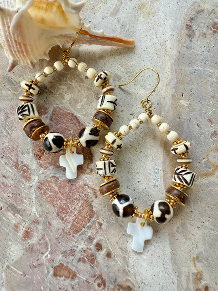 Tribal Shell Cross Earrings