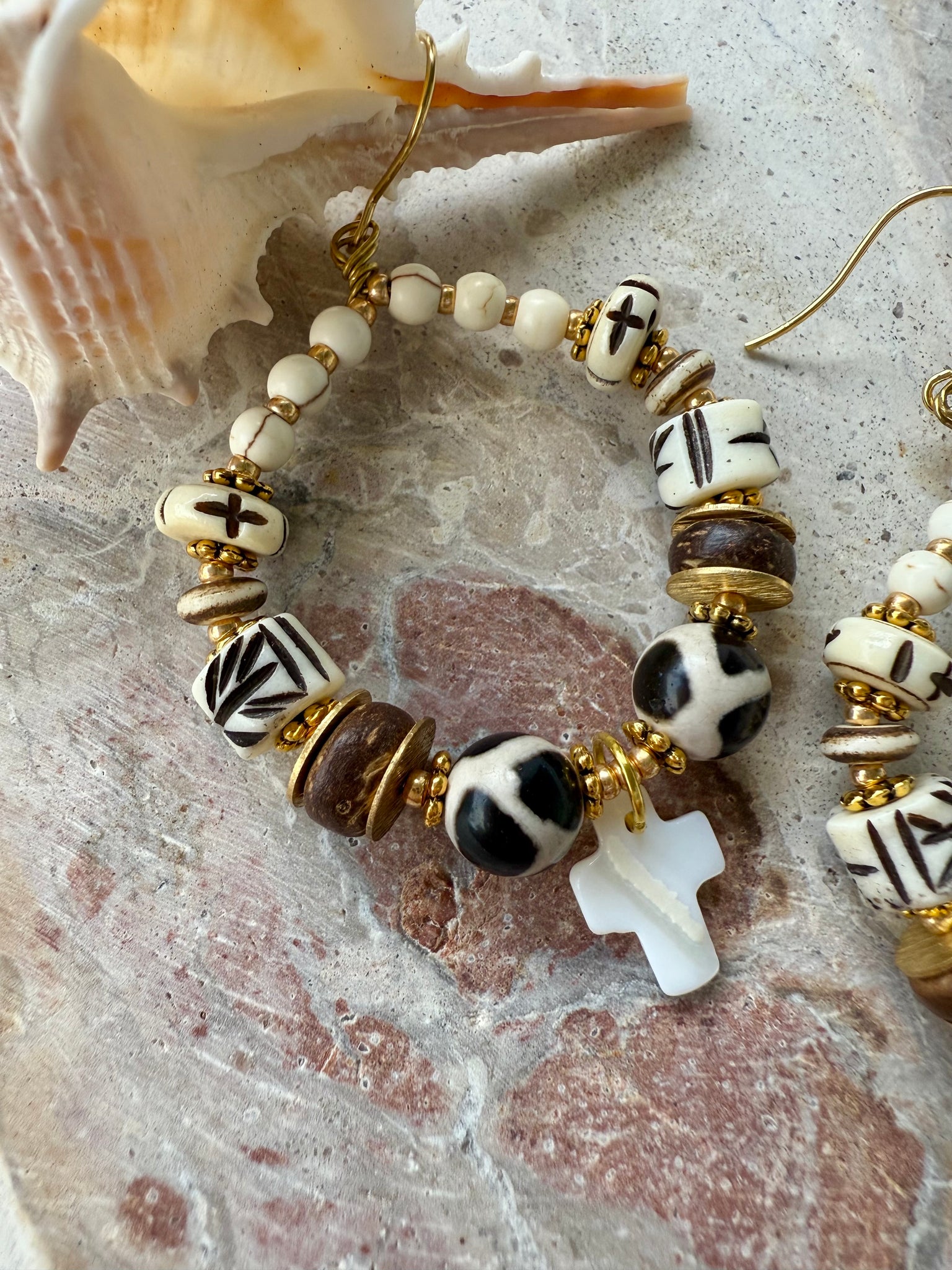 Tribal Shell Cross Earrings