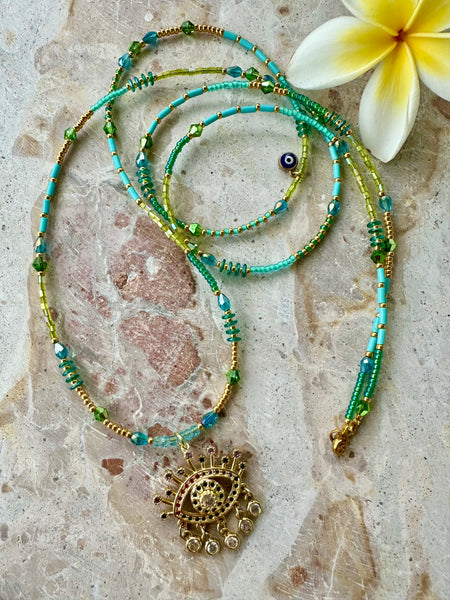 Aqua Green Gold Seed Bead Evil Eye Necklace