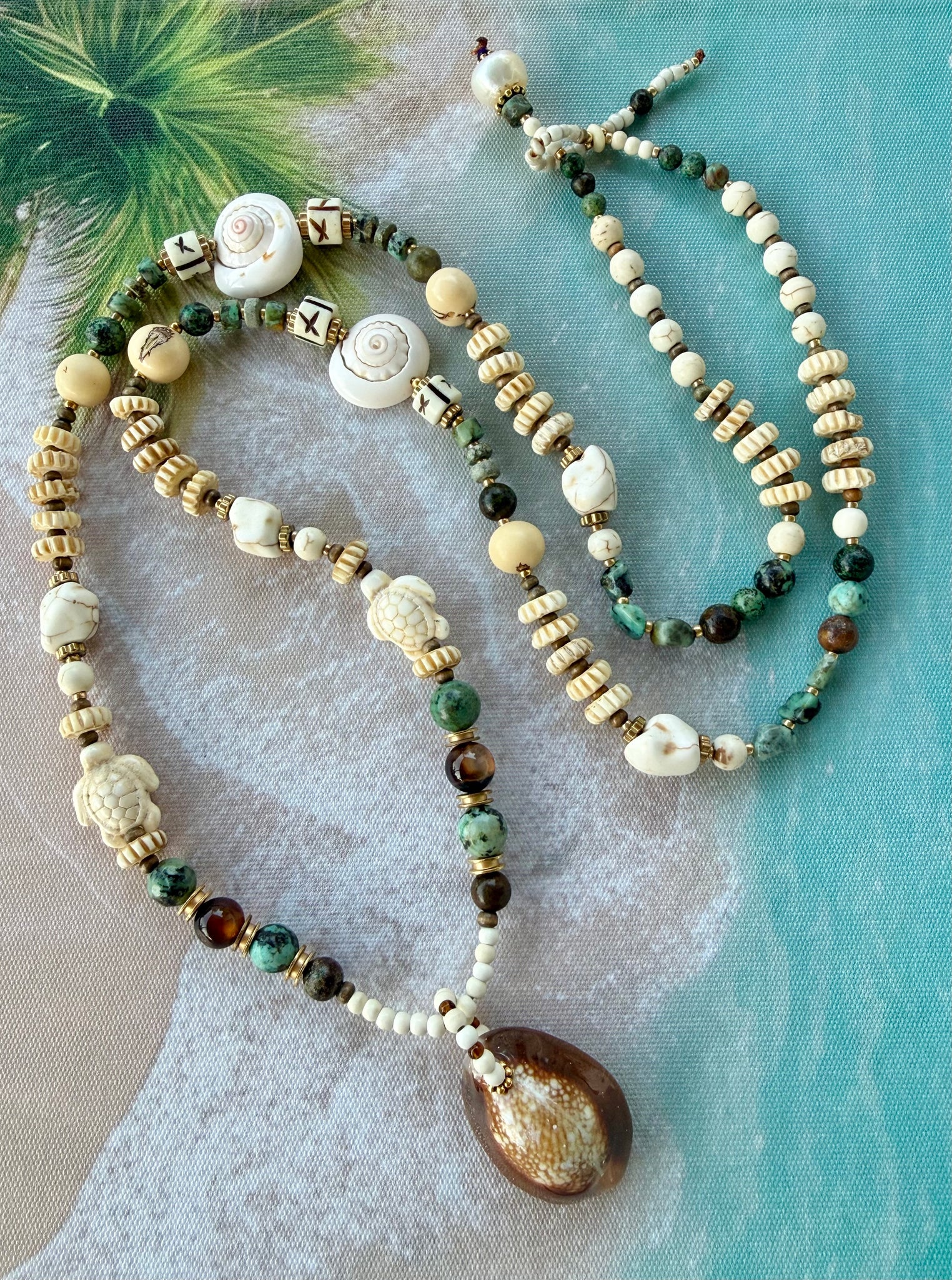 African Cowrie Beaded Turquoise Stone Necklace