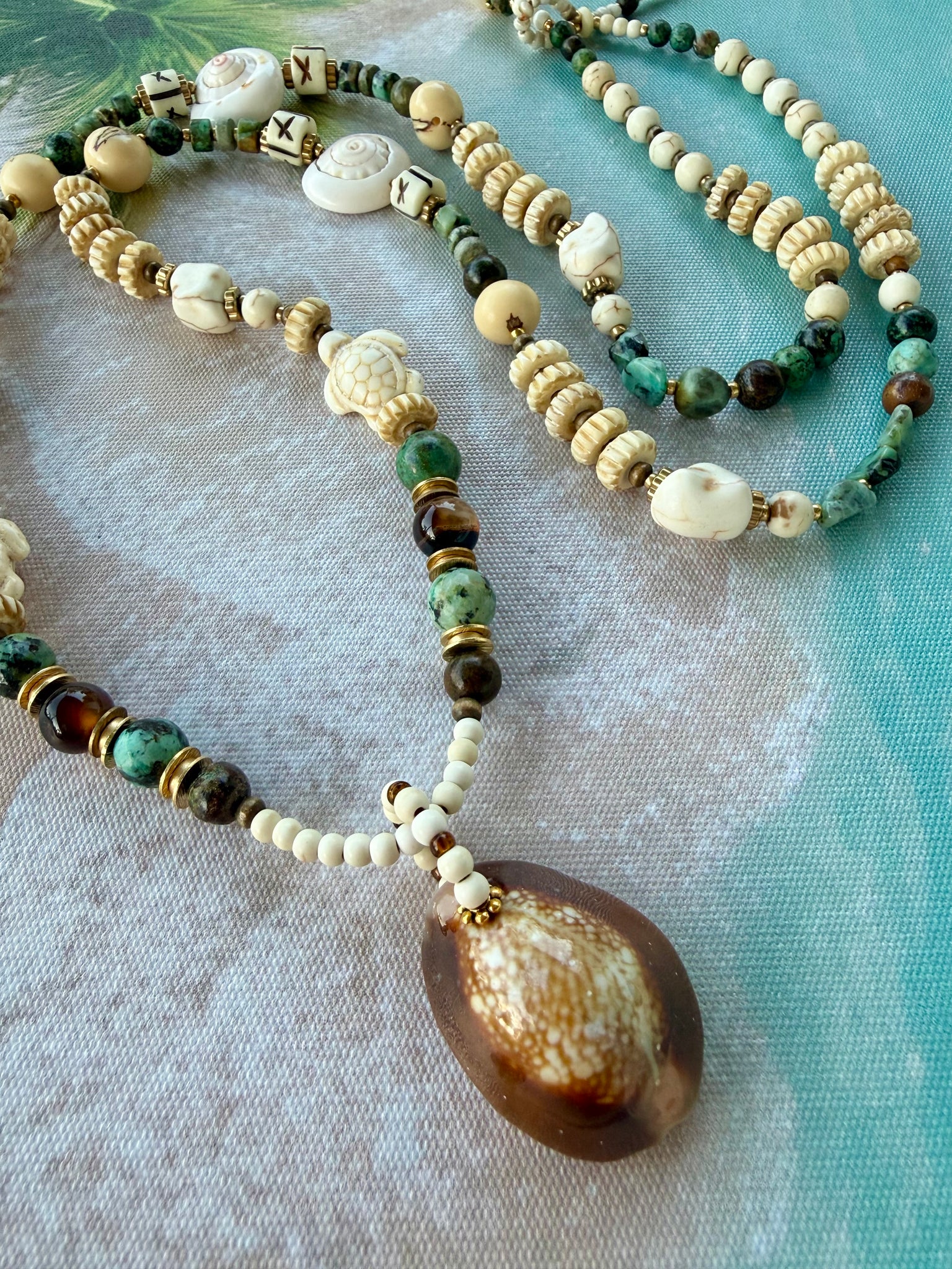 African Cowrie Beaded Turquoise Stone Necklace