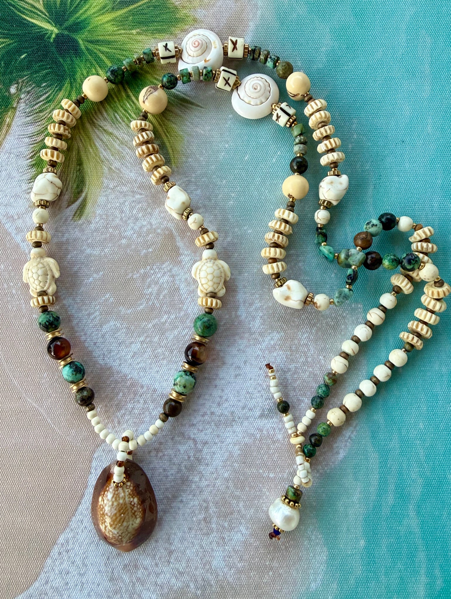 African Cowrie Beaded Turquoise Stone Necklace